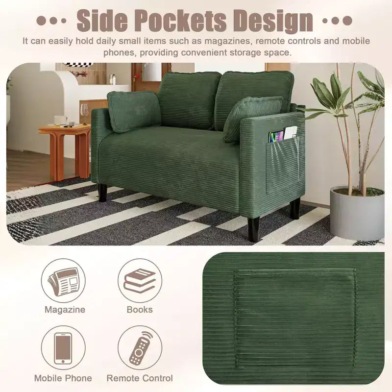 Modern Small Soft Corduroy Loveseat Sofa with Pillows & Side Pockets,Solid Wood Frame Futon Couch for Living Room,Dorm
