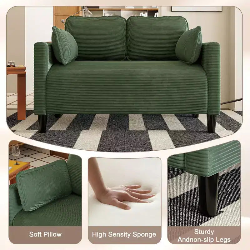 Modern Small Soft Corduroy Loveseat Sofa with Pillows & Side Pockets,Solid Wood Frame Futon Couch for Living Room,Dorm