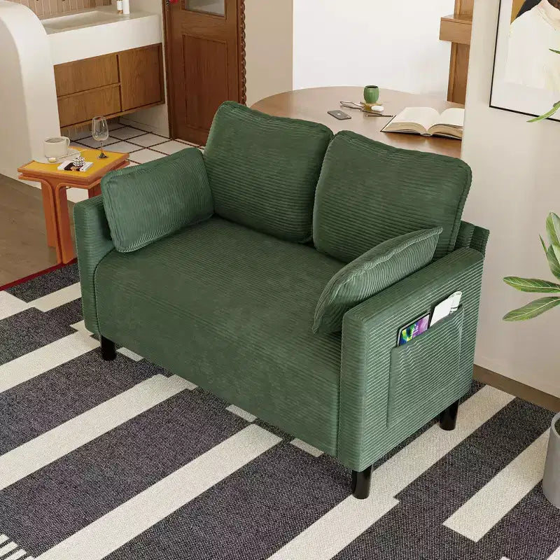 Modern Small Soft Corduroy Loveseat Sofa with Pillows & Side Pockets,Solid Wood Frame Futon Couch for Living Room,Dorm