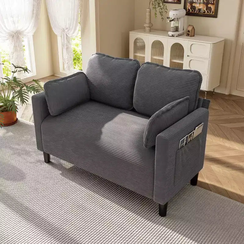 Modern Small Soft Corduroy Loveseat Sofa with Pillows & Side Pockets,Solid Wood Frame Futon Couch for Living Room,Dorm