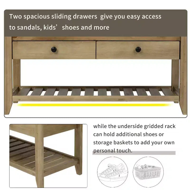 Banc de rangement en bois style ferme avec 2 tiroirs et porte-chaussures, banc d'entrée vieilli avec coussin pour chambre, salon