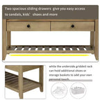 Banc de rangement en bois style ferme avec 2 tiroirs et porte-chaussures, banc d'entrée vieilli avec coussin pour chambre, salon