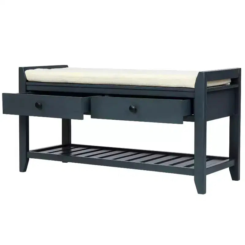 Banc de rangement en bois style ferme avec 2 tiroirs et porte-chaussures, banc d'entrée vieilli avec coussin pour chambre, salon