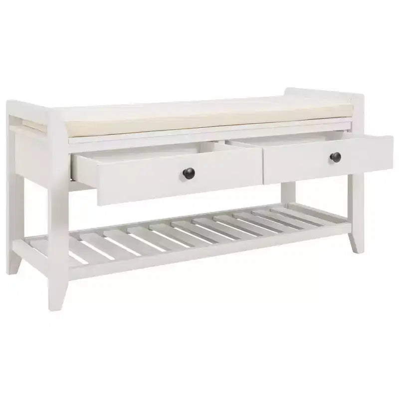 Banc de rangement en bois style ferme avec 2 tiroirs et porte-chaussures, banc d'entrée vieilli avec coussin pour chambre, salon