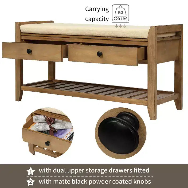 Banc de rangement en bois style ferme avec 2 tiroirs et porte-chaussures, banc d'entrée vieilli avec coussin pour chambre, salon