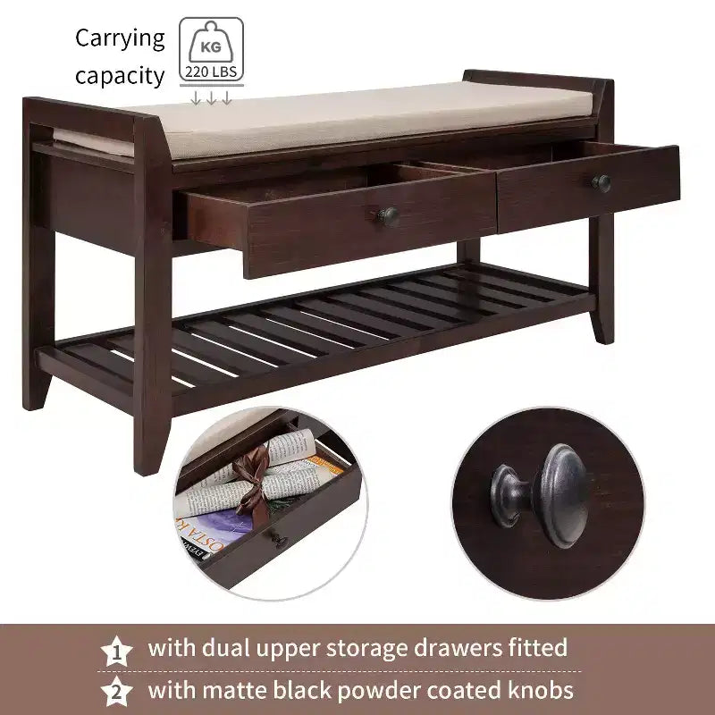 Banc de rangement en bois style ferme avec 2 tiroirs et porte-chaussures, banc d'entrée vieilli avec coussin pour chambre, salon