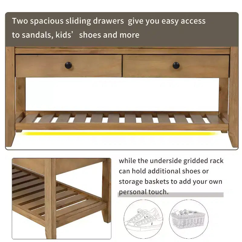 Banc de rangement en bois style ferme avec 2 tiroirs et porte-chaussures, banc d'entrée vieilli avec coussin pour chambre, salon