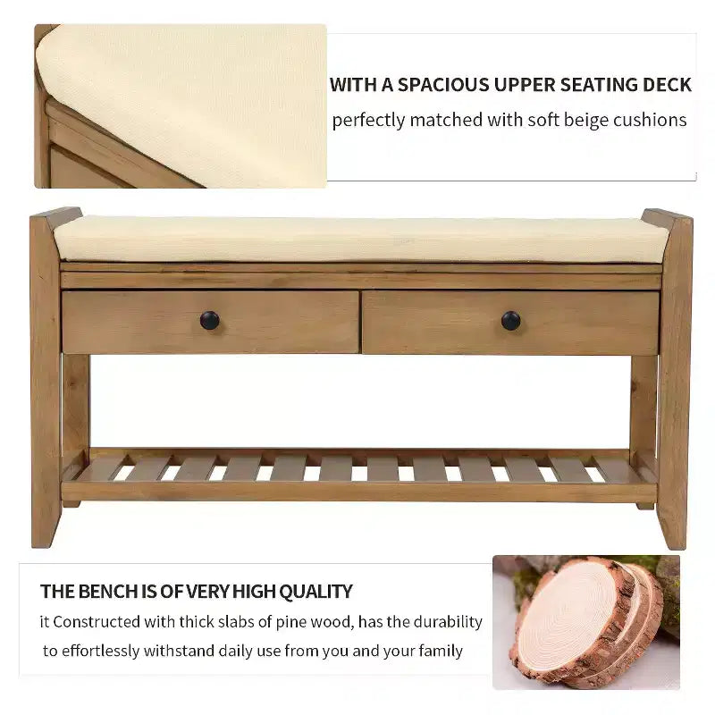 Banc de rangement en bois style ferme avec 2 tiroirs et porte-chaussures, banc d'entrée vieilli avec coussin pour chambre, salon