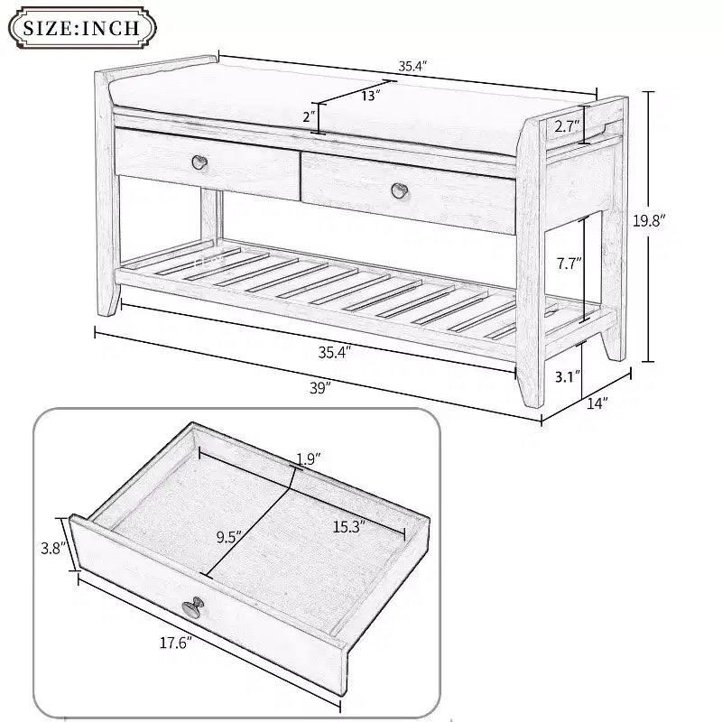 Farmhouse Wood Storage Bench with 2 Drawers & Shoe Rack,Weathered Entryway Bench with Cushion for Bedroom,Living Room