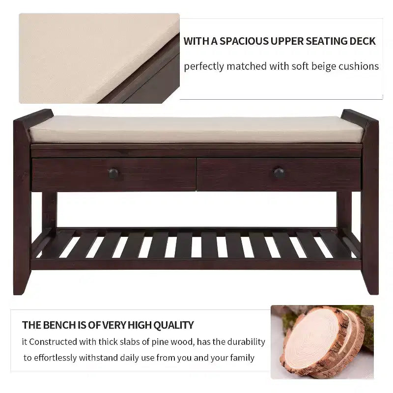 Banc de rangement en bois style ferme avec 2 tiroirs et porte-chaussures, banc d'entrée vieilli avec coussin pour chambre, salon