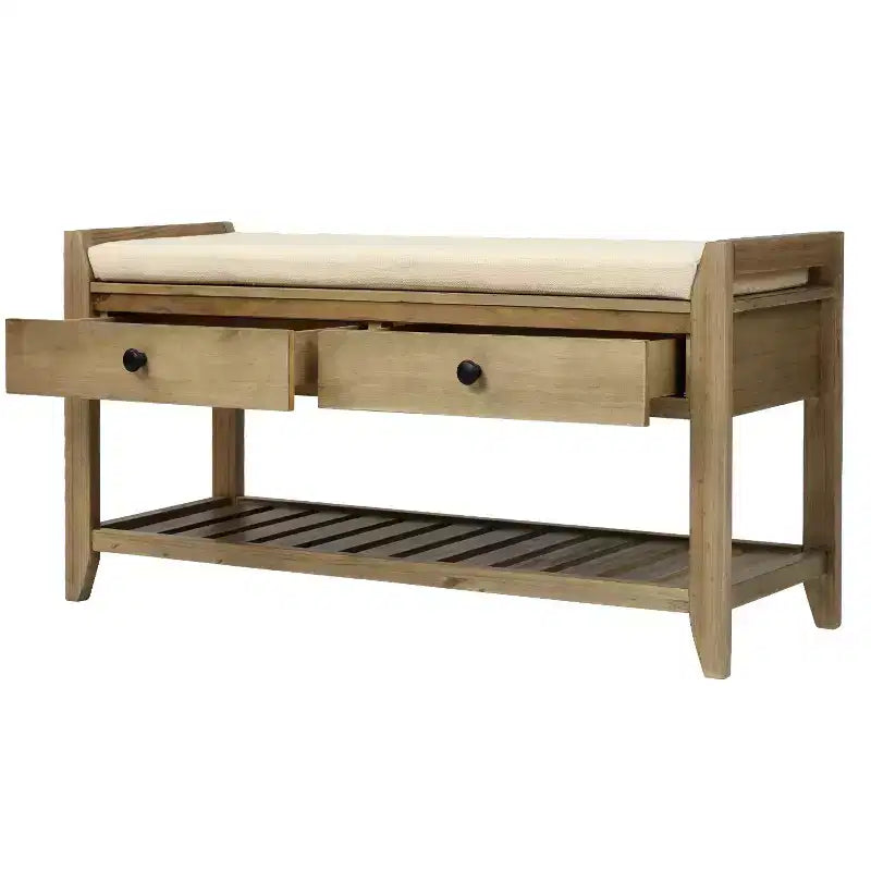 Banc de rangement en bois style ferme avec 2 tiroirs et porte-chaussures, banc d'entrée vieilli avec coussin pour chambre, salon