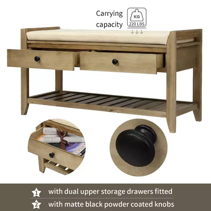 Banc de rangement en bois style ferme avec 2 tiroirs et porte-chaussures, banc d'entrée vieilli avec coussin pour chambre, salon