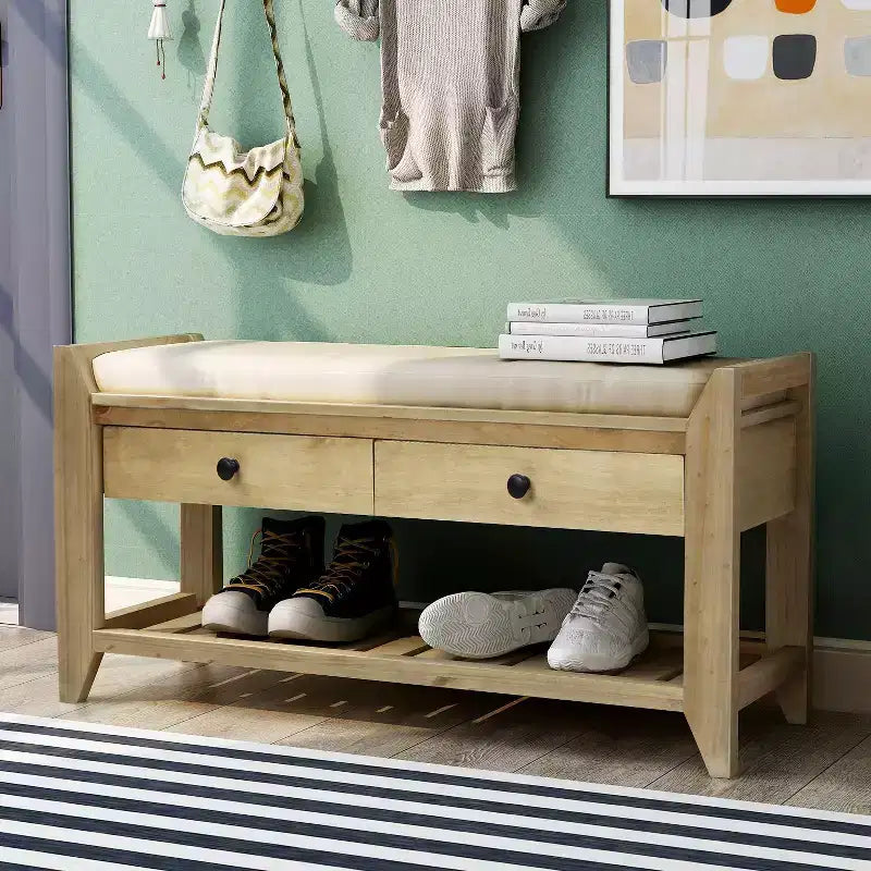 Farmhouse Wood Storage Bench with 2 Drawers & Shoe Rack,Weathered Entryway Bench with Cushion for Bedroom,Living Room