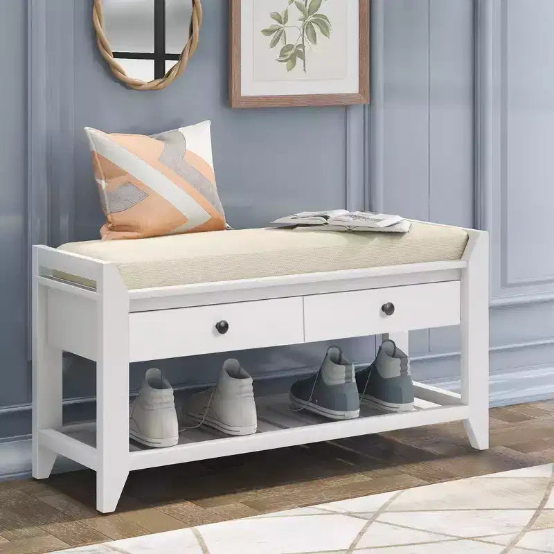 Farmhouse Wood Storage Bench with 2 Drawers & Shoe Rack,Weathered Entryway Bench with Cushion for Bedroom,Living Room