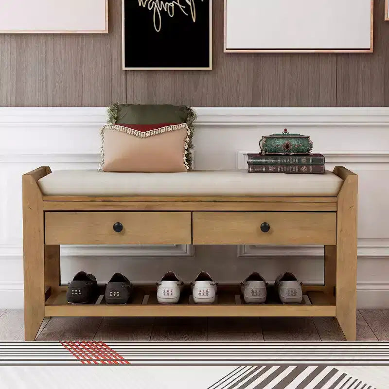 Farmhouse Wood Storage Bench with 2 Drawers & Shoe Rack,Weathered Entryway Bench with Cushion for Bedroom,Living Room