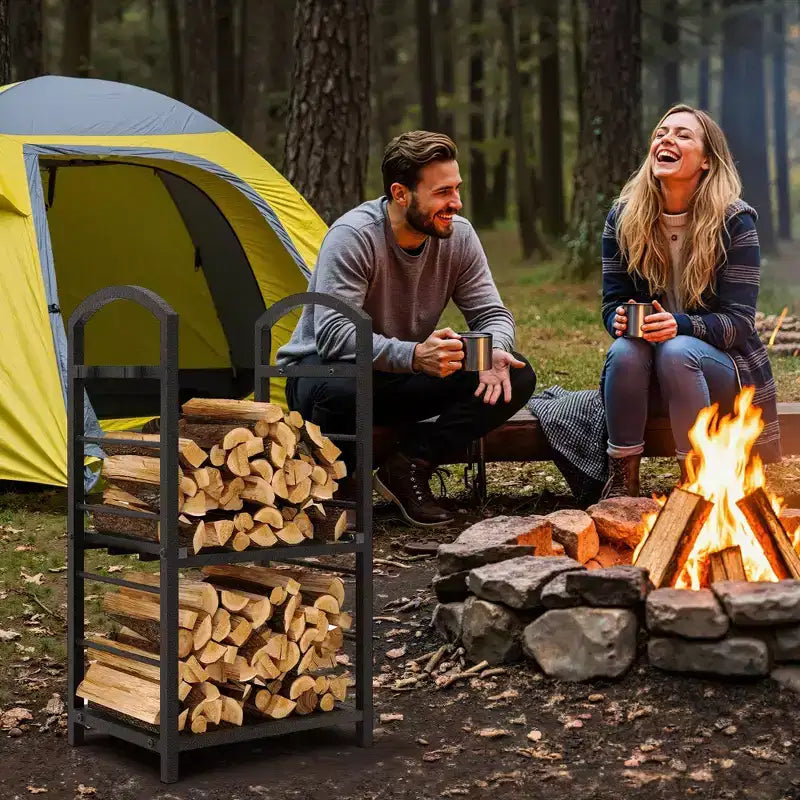 30-Inch Heavy-Duty Firewood Rack with Kindling Hooks - Indoor/Outdoor Steel Log Storage Organizer for Fireplace, Deck or Patio (Silver)