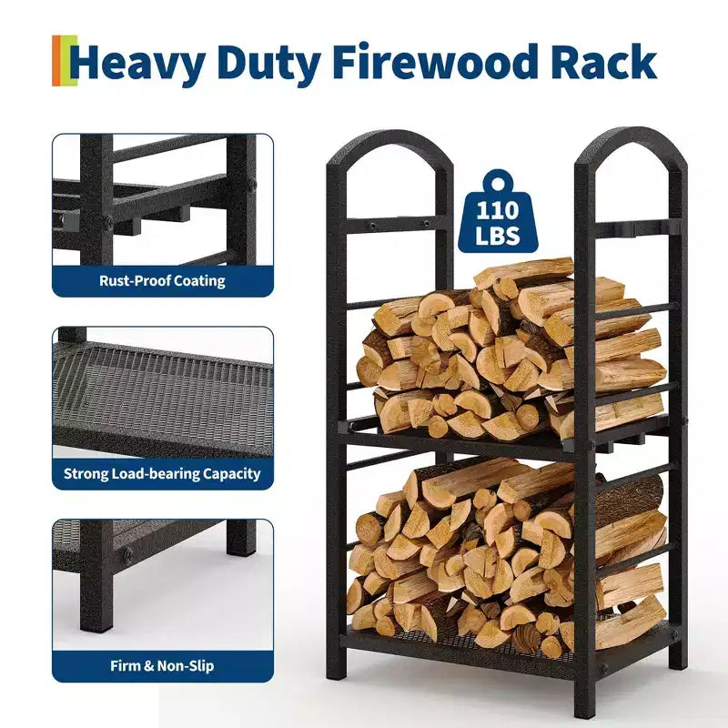 30-Inch Heavy-Duty Firewood Rack with Kindling Hooks - Indoor/Outdoor Steel Log Storage Organizer for Fireplace, Deck or Patio (Silver)