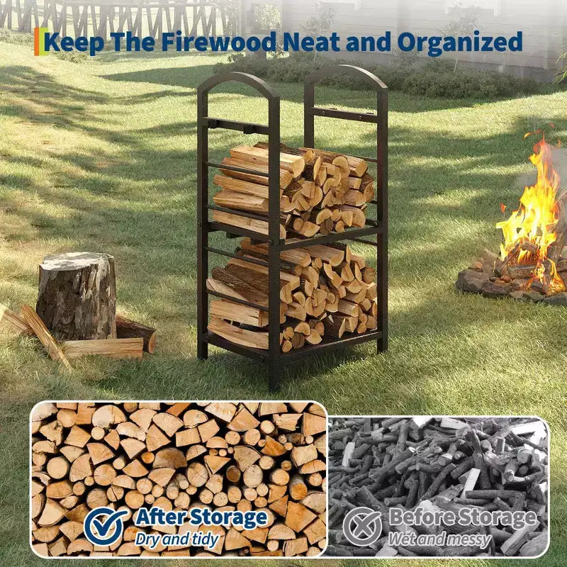 30-Inch Heavy-Duty Firewood Rack with Kindling Hooks - Indoor/Outdoor Steel Log Storage Organizer for Fireplace, Deck or Patio (Silver)