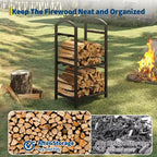 30-Inch Heavy-Duty Firewood Rack with Kindling Hooks - Indoor/Outdoor Steel Log Storage Organizer for Fireplace, Deck or Patio (Silver)