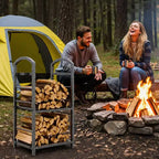 30-Inch Heavy-Duty Firewood Rack with Kindling Hooks - Indoor/Outdoor Steel Log Storage Organizer for Fireplace, Deck or Patio (Silver)