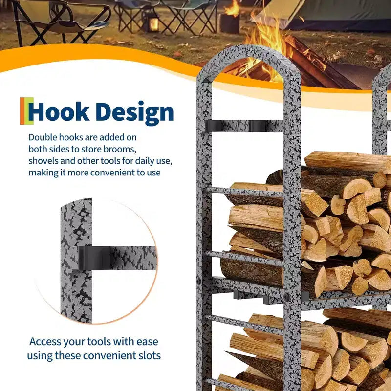 30-Inch Heavy-Duty Firewood Rack with Kindling Hooks - Indoor/Outdoor Steel Log Storage Organizer for Fireplace, Deck or Patio (Silver)