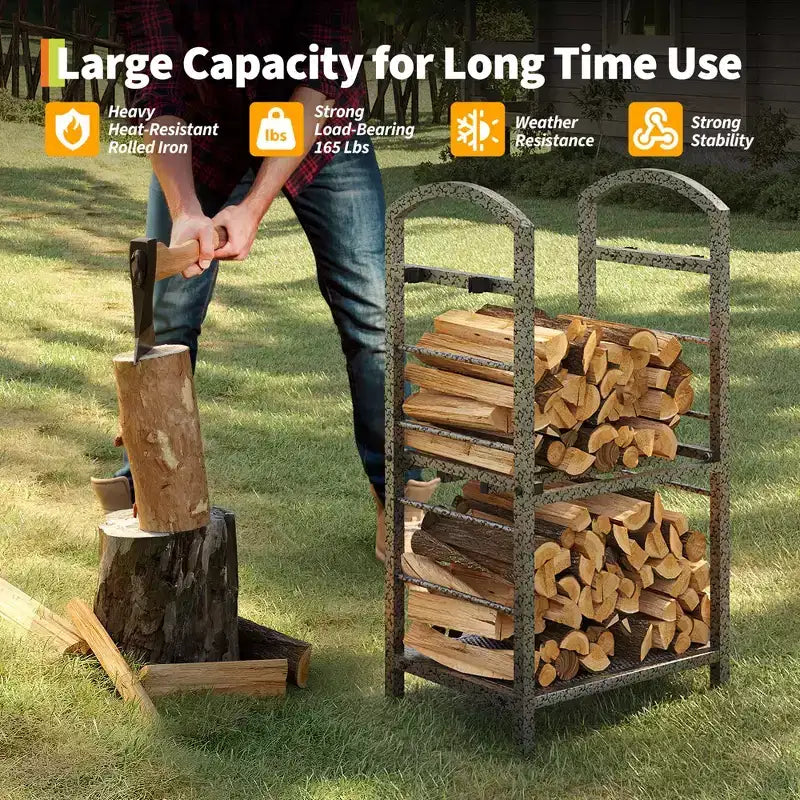 30-Inch Heavy-Duty Firewood Rack with Kindling Hooks - Indoor/Outdoor Steel Log Storage Organizer for Fireplace, Deck or Patio (Silver)
