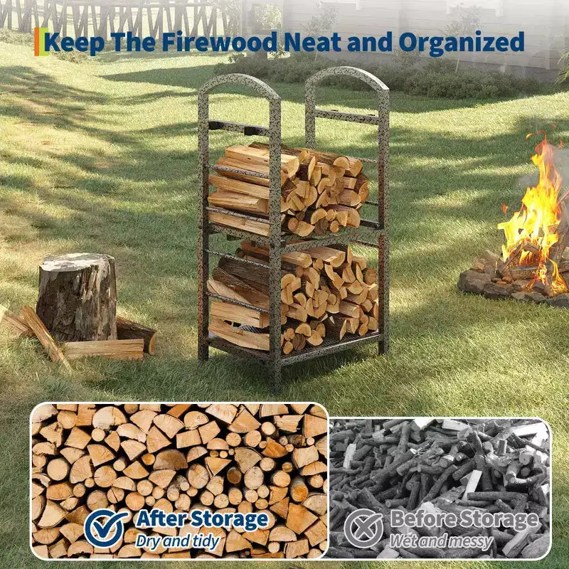30-Inch Heavy-Duty Firewood Rack with Kindling Hooks - Indoor/Outdoor Steel Log Storage Organizer for Fireplace, Deck or Patio (Silver)