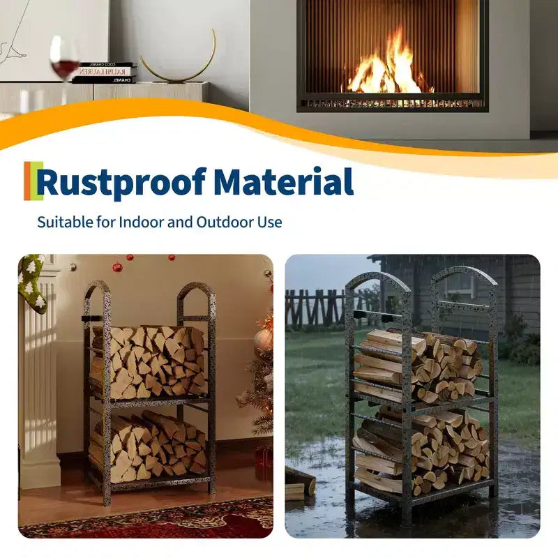 30-Inch Heavy-Duty Firewood Rack with Kindling Hooks - Indoor/Outdoor Steel Log Storage Organizer for Fireplace, Deck or Patio (Silver)
