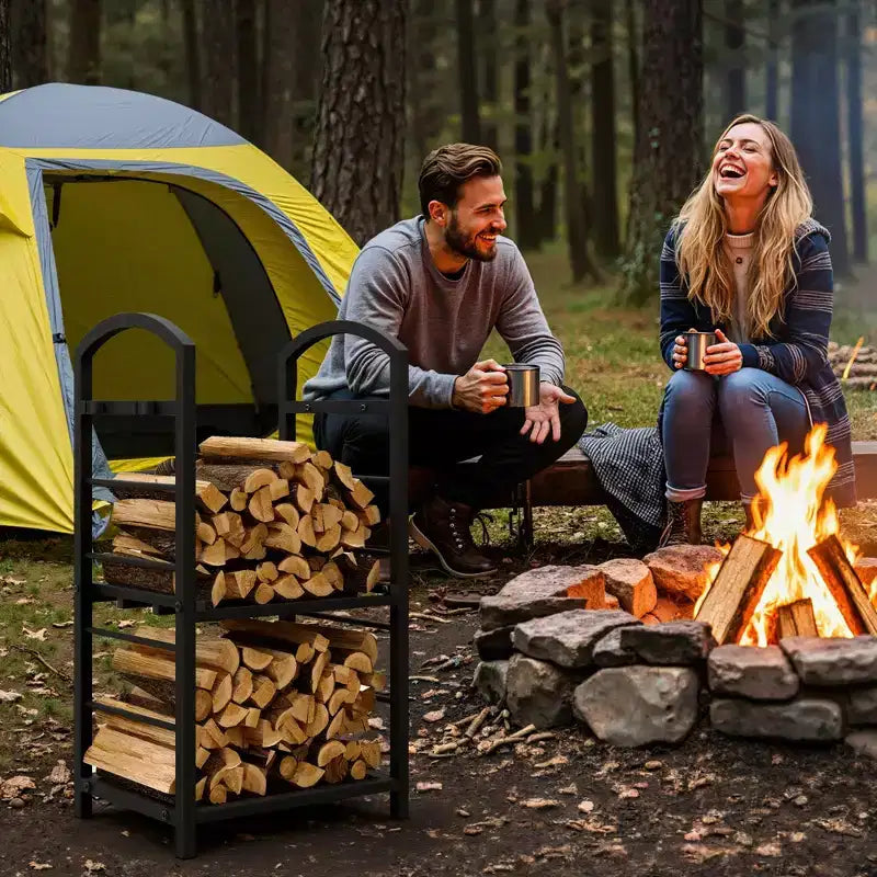 30-Inch Heavy-Duty Firewood Rack with Kindling Hooks - Indoor/Outdoor Steel Log Storage Organizer for Fireplace, Deck or Patio (Silver)