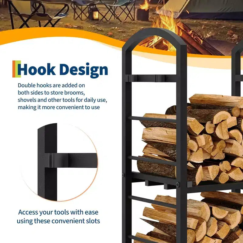 30-Inch Heavy-Duty Firewood Rack with Kindling Hooks - Indoor/Outdoor Steel Log Storage Organizer for Fireplace, Deck or Patio (Silver)