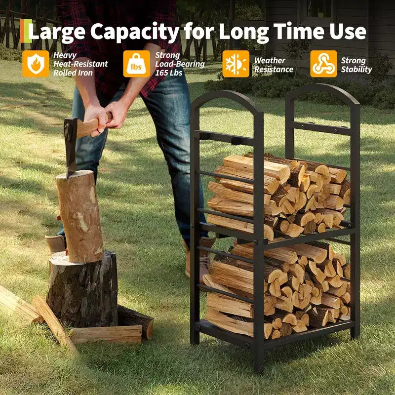 30-Inch Heavy-Duty Firewood Rack with Kindling Hooks - Indoor/Outdoor Steel Log Storage Organizer for Fireplace, Deck or Patio (Silver)