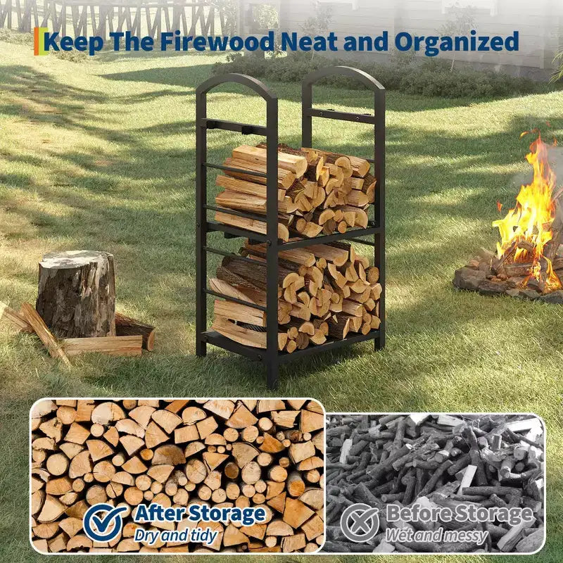 30-Inch Heavy-Duty Firewood Rack with Kindling Hooks - Indoor/Outdoor Steel Log Storage Organizer for Fireplace, Deck or Patio (Silver)