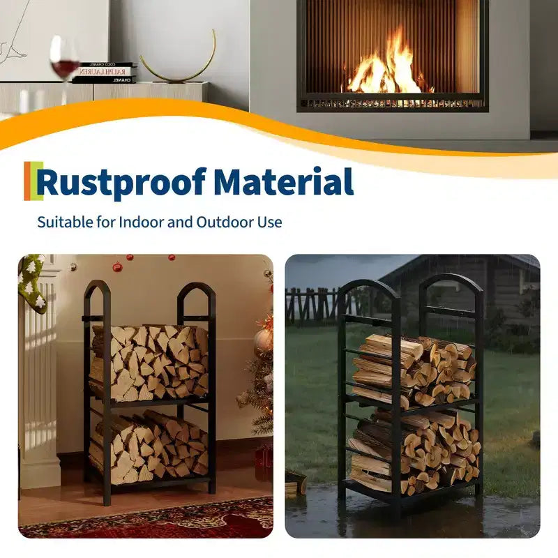 30-Inch Heavy-Duty Firewood Rack with Kindling Hooks - Indoor/Outdoor Steel Log Storage Organizer for Fireplace, Deck or Patio (Silver)
