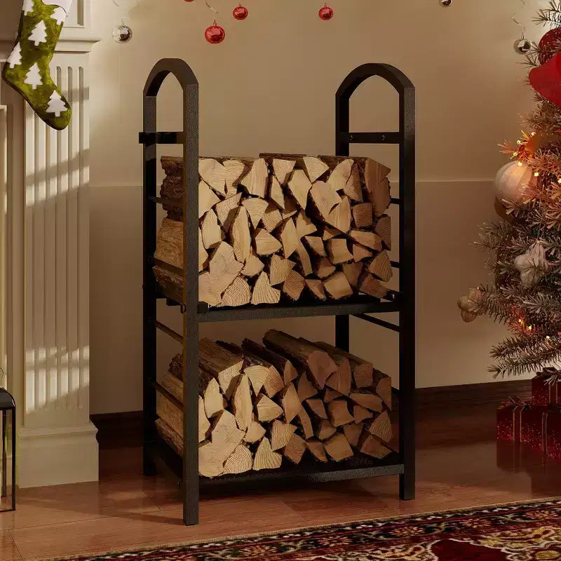 30-Inch Heavy-Duty Firewood Rack with Kindling Hooks - Indoor/Outdoor Steel Log Storage Organizer for Fireplace, Deck or Patio (Silver)