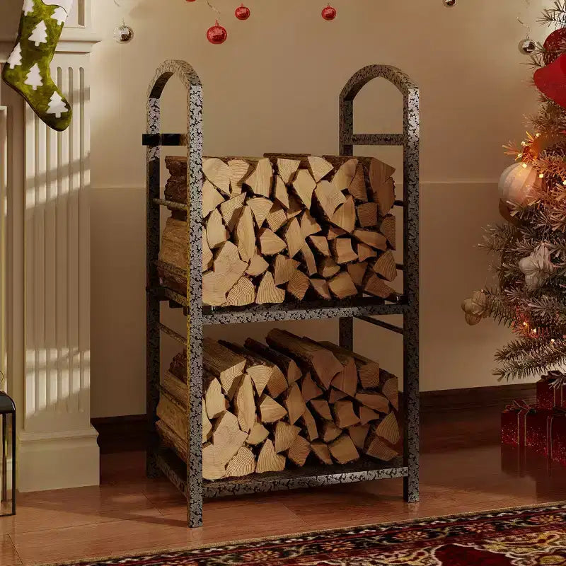 30-Inch Heavy-Duty Firewood Rack with Kindling Hooks - Indoor/Outdoor Steel Log Storage Organizer for Fireplace, Deck or Patio (Silver)