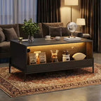 Rattan Coffee Table with LED Lights, Rectangle Living Room Center Table with Drawers and Arched Door, Tea Table for Apartment