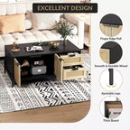 Rattan Coffee Table with LED Lights, Rectangle Living Room Center Table with Drawers and Arched Door, Tea Table for Apartment