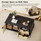 Rattan Coffee Table with LED Lights, Rectangle Living Room Center Table with Drawers and Arched Door, Tea Table for Apartment