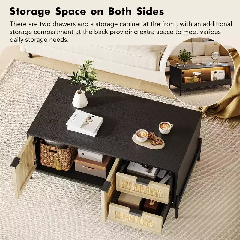 Rattan Coffee Table with LED Lights, Rectangle Living Room Center Table with Drawers and Arched Door, Tea Table for Apartment