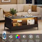 Rattan Coffee Table with LED Lights, Rectangle Living Room Center Table with Drawers and Arched Door, Tea Table for Apartment