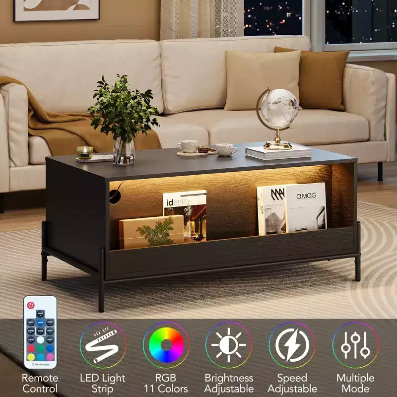 Rattan Coffee Table with LED Lights, Rectangle Living Room Center Table with Drawers and Arched Door, Tea Table for Apartment