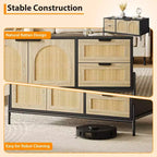 Rattan Coffee Table with LED Lights, Rectangle Living Room Center Table with Drawers and Arched Door, Tea Table for Apartment