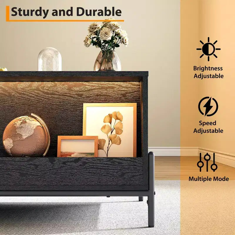 Rattan Coffee Table with LED Lights, Rectangle Living Room Center Table with Drawers and Arched Door, Tea Table for Apartment