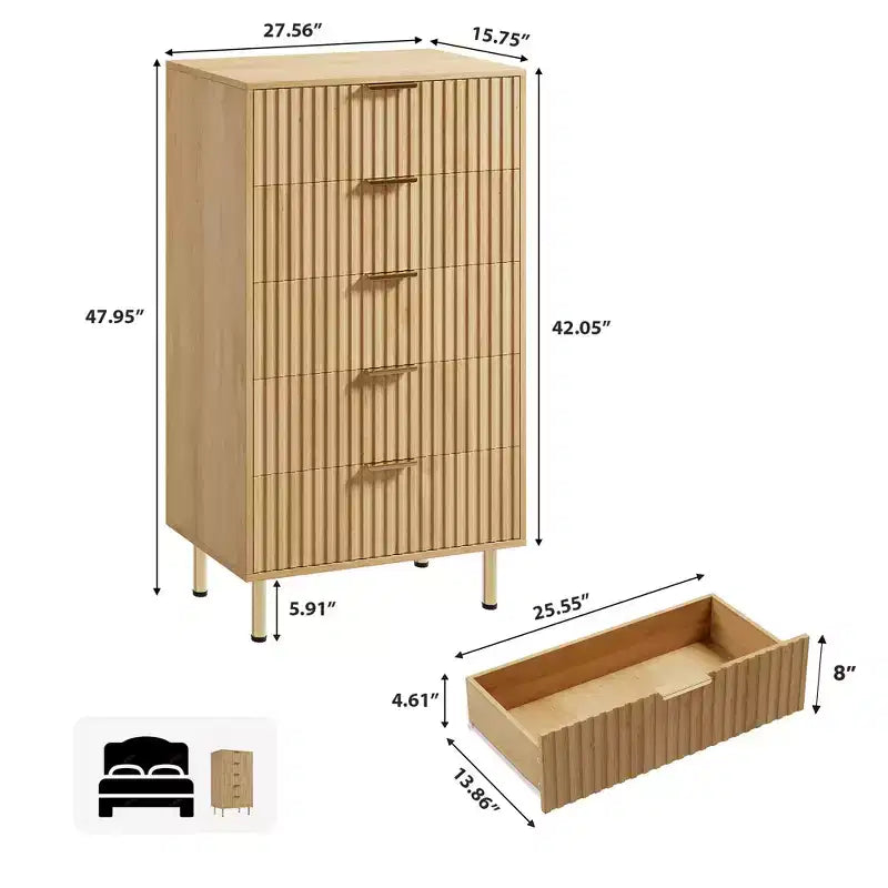 48 In Tall 5 Drawer Dresser, Fluted Modern Chest with Deep Drawers & Wide Top