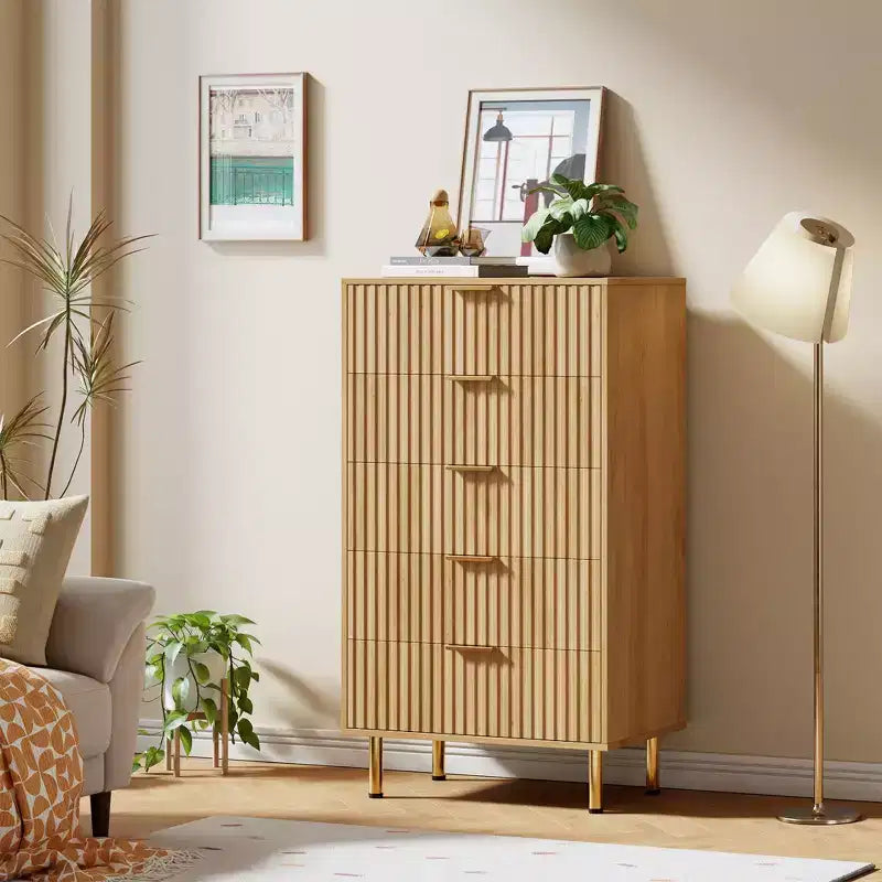 48 In Tall 5 Drawer Dresser, Fluted Modern Chest with Deep Drawers & Wide Top