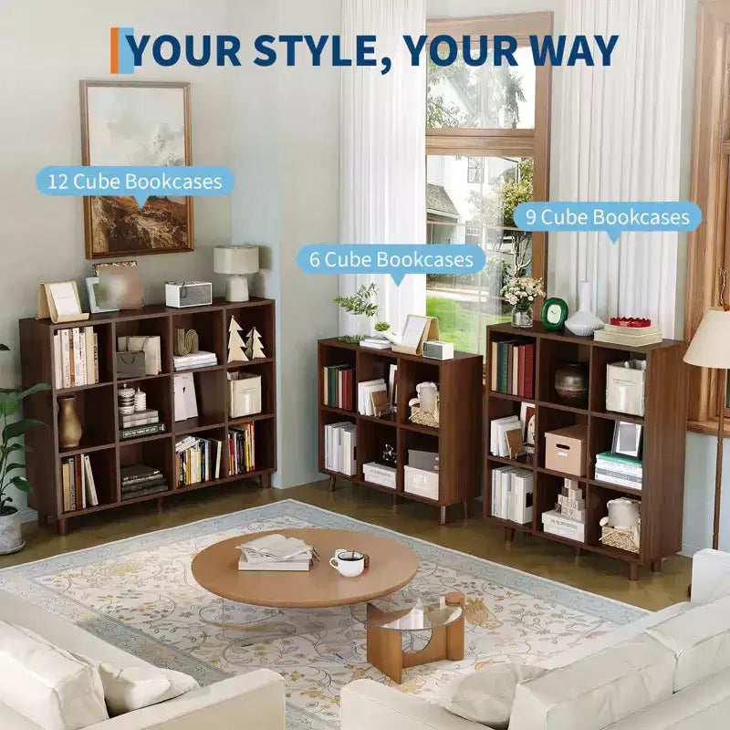 Wooden Cube Bookshelf, Freestanding Open Bookcase, Floor Standing Display Cabinet, Open Storage Organizer for Living Room, Office, Study Room