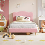 Upholstered Twin Bed Frame with Headboard, 77x39.4 in Toddler Bed for Kids Girls, Soft Padded Platform Bedframe, Sturdy Wooden Slats Support, Pink
