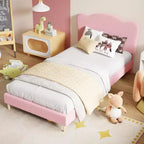 Upholstered Twin Bed Frame with Headboard, 77x39.4 in Toddler Bed for Kids Girls, Soft Padded Platform Bedframe, Sturdy Wooden Slats Support, Pink