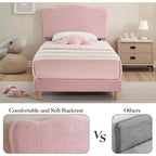 Upholstered Twin Bed Frame with Headboard, 77x39.4 in Toddler Bed for Kids Girls, Soft Padded Platform Bedframe, Sturdy Wooden Slats Support, Pink