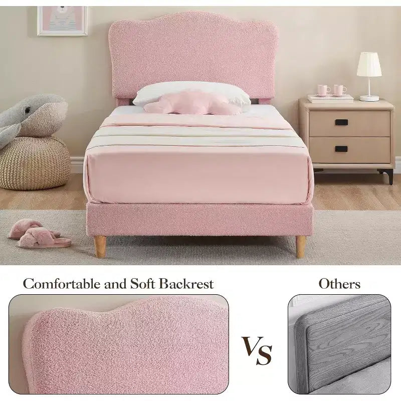 Upholstered Twin Bed Frame with Headboard, 77x39.4 in Toddler Bed for Kids Girls, Soft Padded Platform Bedframe, Sturdy Wooden Slats Support, Pink
